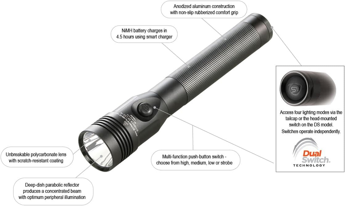  Stinger DS LED HL 800-Lumen Rechargeable Dual Switch Flashlight with 120-Volt Ac/12-Volt DC Smart Charge Piggyback Charger (Nimh), Black